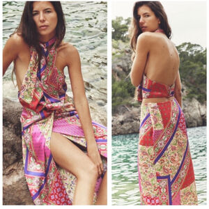 Women's ZARA Pink Red Paisley Halter Cutout Maxi Dress S